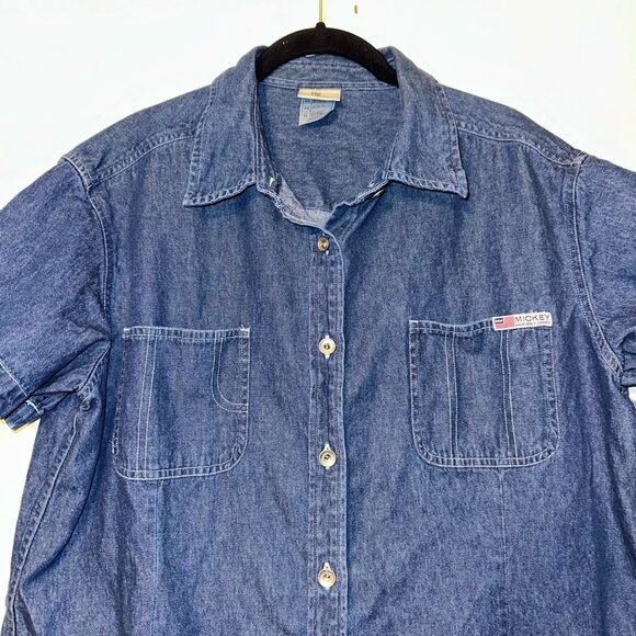 Disney Vintage Denim Button Up Collared Shirt Mickey Picnic Scene Embroidered XL - Picture 3 of 12